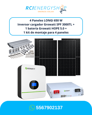 Kit Solar Autónomo de 4 Paneles LONGi 650 W + Growatt SPF 3000TL + HOPE 5.0 + Montaje
