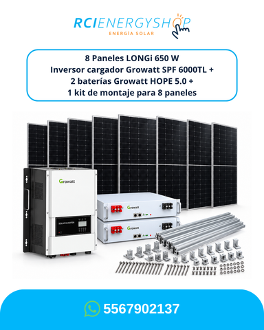 Kit Solar Autónomo de 8 Paneles LONGi 650 W + Growatt SPF 6000TL + 2 HOPE 5.0 + Montaje