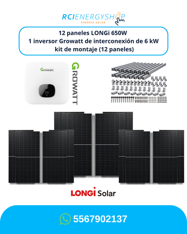 Kit de Interconexión de 12 Paneles LONGi 650 W + Inversor Growatt 6 kW + Montaje