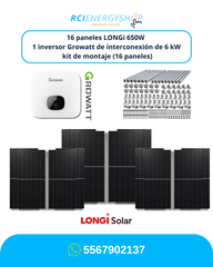 Kit de Interconexión de 16 Paneles LONGi 650 W + Inversor Growatt 6 kW + Montaje