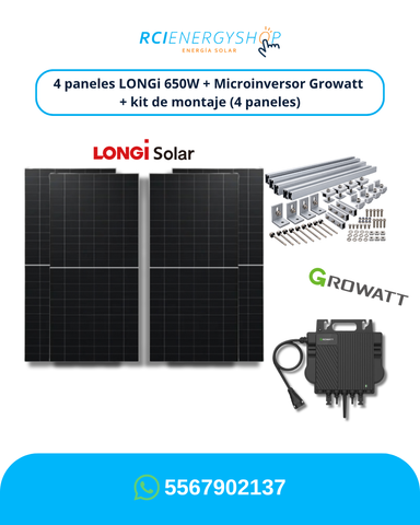 Kit de Interconexión de 4 Paneles LONGi 650 W + Microinversor Growatt + Montaje