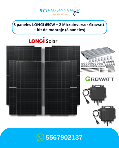 Kit de Interconexión de 8 Paneles LONGi 650 W + 2 Microinversores Growatt + Montaje
